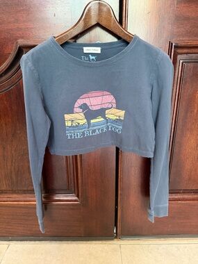 The Black Dog Navy Long Sleeve Crop Tee with Sunset Graphic